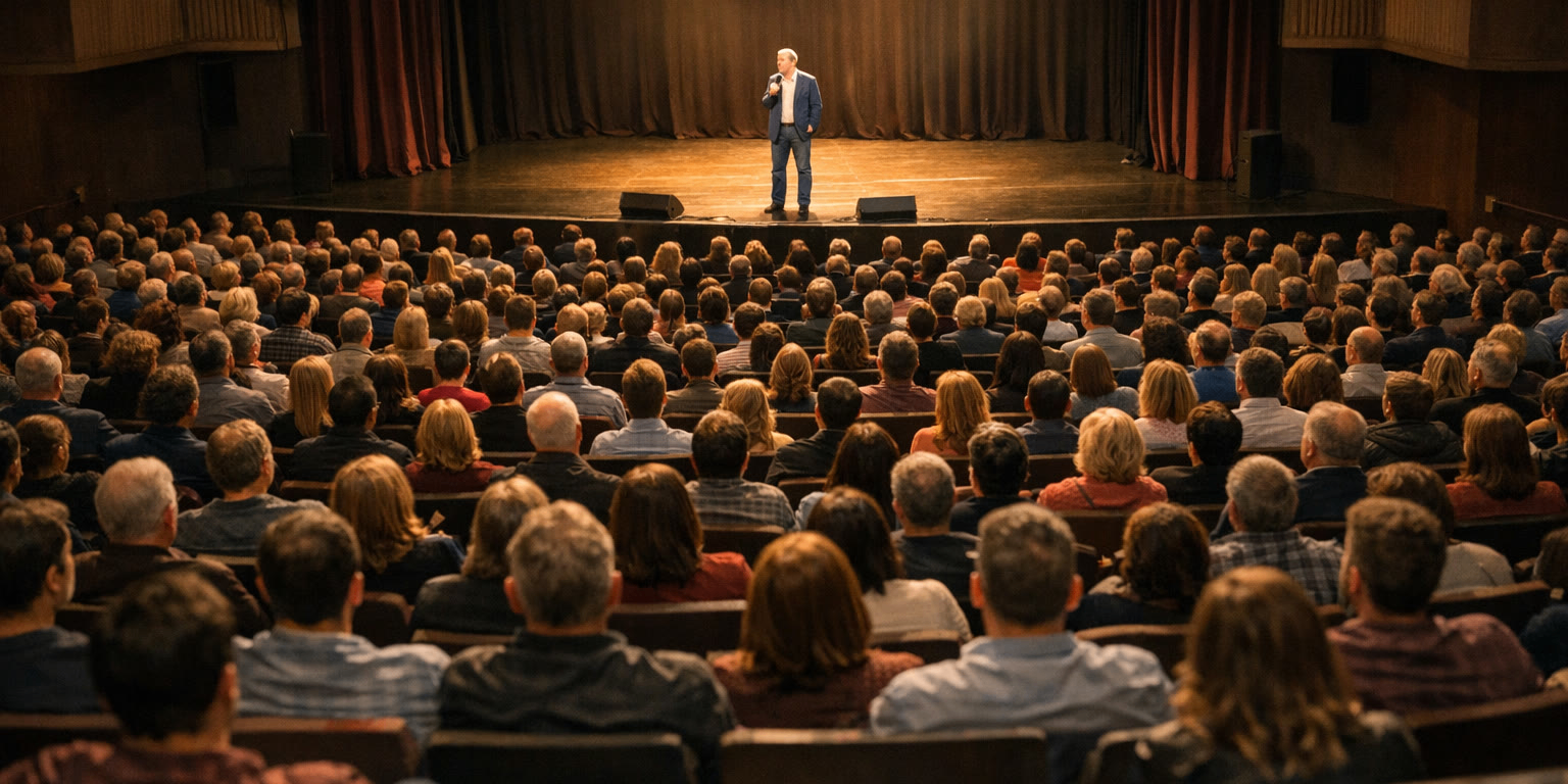 Speaker with a microphone on stage in front of an audience of about a thousand people